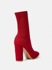 CUCCOO BASICS 尖头弹力粗跟高跟一脚蹬针织女靴圣诞节秋季新年假期 - 紅色 - 查看 7