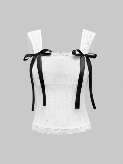 Kawaii Haut de camisole en tricot jacquard adorable pour fille avec nœud décoré encolure carrée