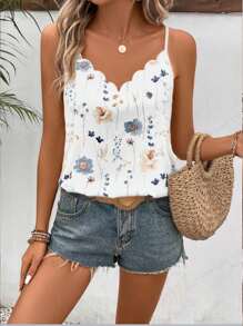 SHEIN Frenchy Women's Summer Floral Printed Casual Tank Top With Scalloped Hem,Bridgerton - Multicolor - View 1