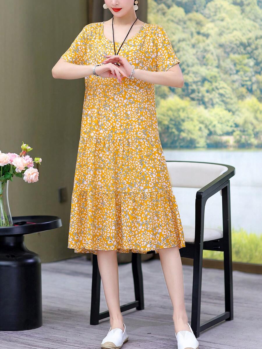 女款休閒A字中長洋裝,短袖圓領傘擺荷葉邊膝長陽光裙,花卉印花圖案,梭織夏日舒適款 - 黃色 - 查看 1