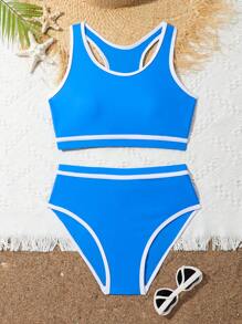 青少年女孩对比色边饰泳衣套装，含比基尼套装和游泳短裤，夏季海滩 - 藍色 - 查看 3