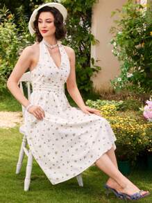 Vintamour Vintage Elegant Women's Dress, Ditsy Floral Pleated Yellow Dress With Halterneck And Umbrella-Shaped Hem, For Spring/Summer Cottagecore Dress Yellow Dress Summer Dress Country Concert Outfit Floral Dress Graduation Outfit Hawaiian Teacher Clothes Yellow Dress Long Women Dresses Cottagecore - Yellow - View 7