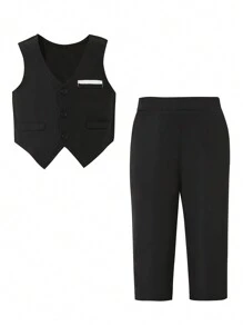 Baby Boy 1pc Single Button Vest Suit Jacket & 1pc Suit Pants Set, Perfect For Birthday Party, Evening Event, Wedding, Baby's First Birthday Celebration - Multicolor - View 1