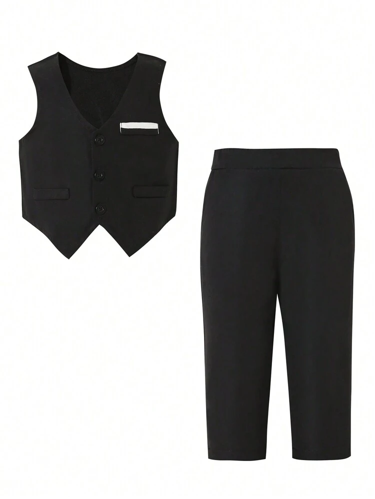 Baby Boy 1pc Single Button Vest Suit Jacket & 1pc Suit Pants Set, Perfect For Birthday Party, Evening Event, Wedding, Baby's First Birthday Celebration