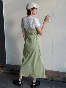 FRIFUL 女士夏季纯色拉链半开襟腰部抽绳双口袋休闲吊带连衣裙/复活节长裙 - 綠色 - 查看 5