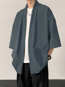 Claim Dot 男士度假休闲纯色落肩宽松日式衬衫，秋季 - 深灰色 - 查看 1