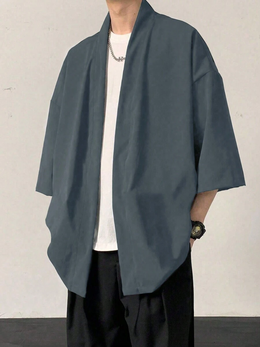 Claim Dot Men's Vacation Leisure Solid Color Drop-Shoulder Loose Japanese Style Shirt, Fall - Dark Grey - View 1