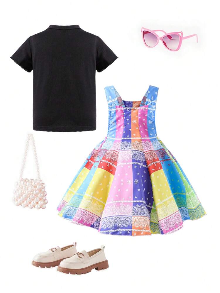 2pcs Toddler Girls' Street Style Fashionable Colorful Paisley Pattern Printed Overall Skirt Set, Spring/Summer