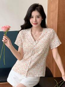 DAZY 女式小碎花短袖度假襯衫 - 粉色 - 查看 3