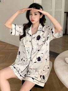 DAZY Của phụ nữ Dễ thương In con chó Viền tương phản Nút phía trước Ngắn tay Áo Và Quần short Bộ mặc nhà - Màu be - Xem 5