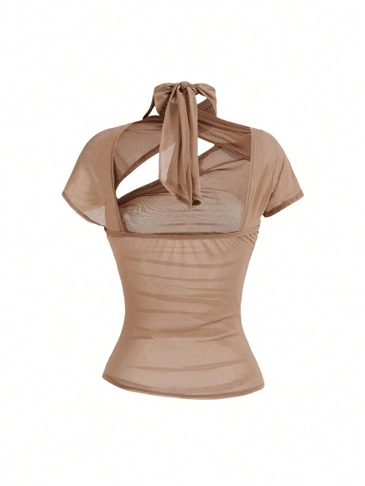Women Summer T-Shirt Solid Color Stand Collar Sleeveless Perspective Slim Fit Top