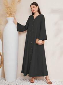Al Najma Casual Long Sleeve Notched Neck Single-Breasted Flare Cuff Robe Modest Abaya - Black - View 1