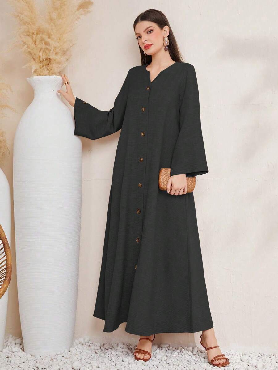Al Najma Casual Long Sleeve Notched Neck Single-Breasted Flare Cuff Robe Modest Abaya - Black - View 1