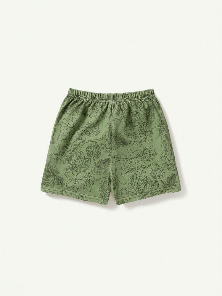Baby Boy 2pcs/Set Plant Pattern Decorated Crew Neck Short Sleeve Top And Casual Shorts Outfit