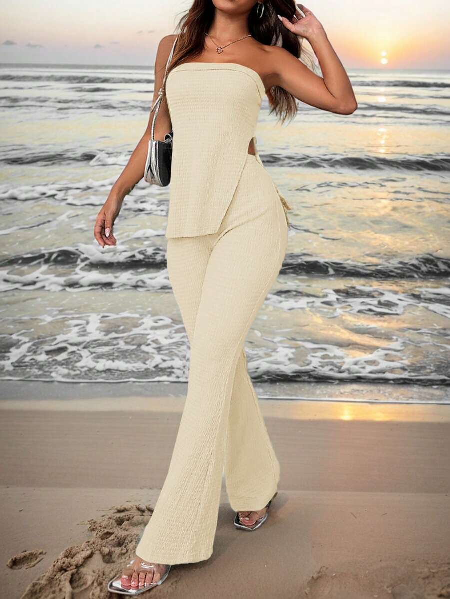 SHEIN SXY Women's Solid Color Halter Top With Side Slit And Flared Pants Holiday Leisure Two-Piece Set - Apricot - View 1