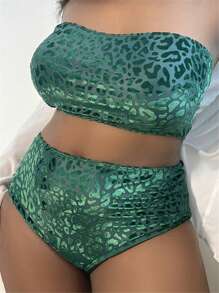 Slaydiva Plus Size Women's Stylish Leopard Print Bikini Swimwear Set - Dark Green - View 3