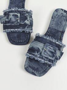 Women Casual Denim Flat Slide Slippers, Spring