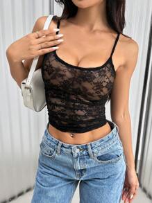 Flirla Women's Summer Sexy Slim Fit See-Through Lace Camisole Graphic Tees Women Tops - Black - View 5