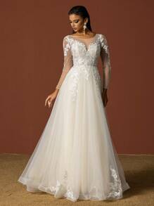 Women Modest Sequin Embroidery Mesh Long Sleeve Plain Wedding Dress For Bride, Wedding - White - View 7