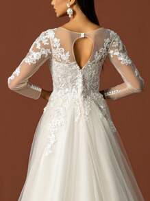 Women Modest Sequin Embroidery Mesh Long Sleeve Plain Wedding Dress For Bride, Wedding - White - View 9