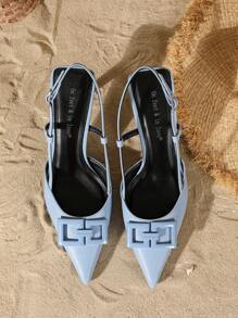 On feet& in love 女士时尚优雅方形装饰踝带尖头低帮高跟鞋，适合搭配连衣裙，猫跟鞋，优雅 - 藍色 - 查看 4