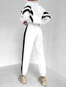 RueChic Striped Print Half Zip Crop Jacket With Pants - trắng - Xem 2