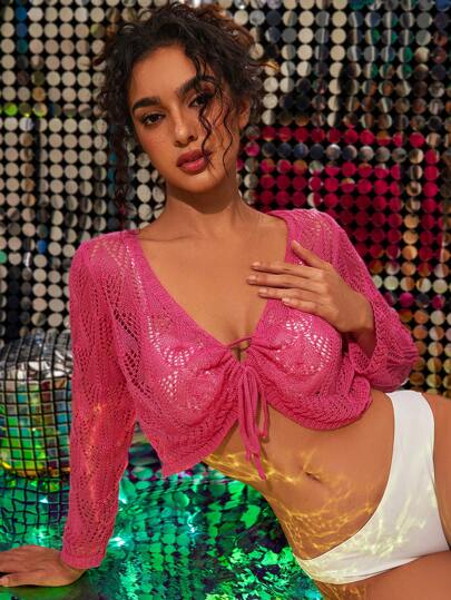 Swim EVENT 女式纯色镂空针织短款罩衫 夏季