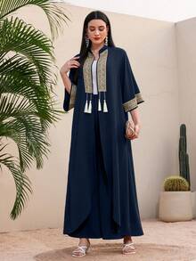 Al Najma Women's Contrast Color Fringe Decoration Jacket And Pants Two-Piece Set - Navy Blue - View 7