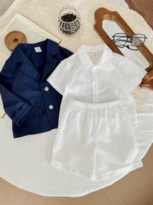 SHEIN Baby Boy Solid Color Short Sleeve Polo Shirt, Shorts, And Jacket Set Suitable For Formal Occasions Such As Weddings, Banquets, 1st Birthday Celebrations