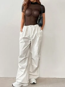 SHEIN Unity 女士夏季純色立領透明網眼短袖性感連身衣 - 黑色 - 查看 3