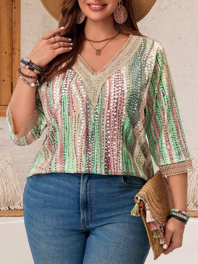 Plus Size Women's Summer Tie Dye Printed Lace Splicing V-Neck 3/4 Sleeve Casual T-Shirt, Vacation Style