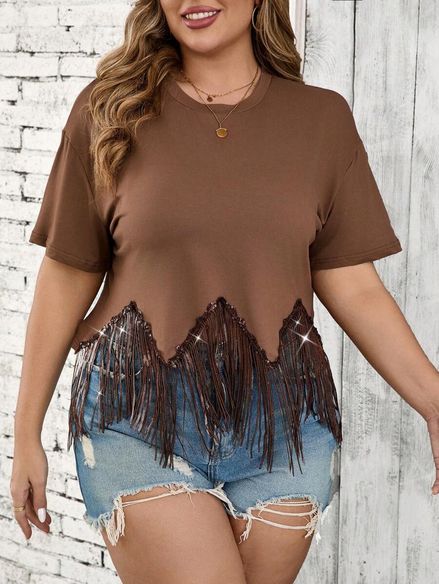SHEIN LUNE 大码夏季流苏亮片不对称下摆音乐节派对西式休闲 T 恤 - 棕色 - 查看 1