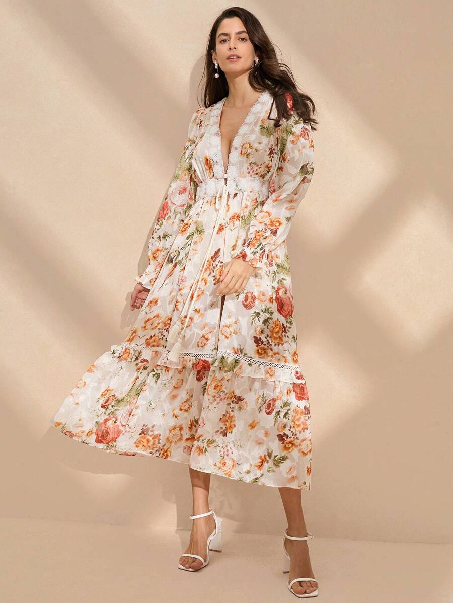 Anewsta Vestido Largo De Manga Larga Con Diseño Completo Y Profundo Cuello En V Con Lazo Al Frente Para Mujer - Multicolor - Ver 1