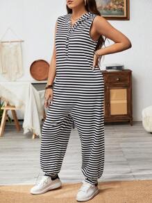 SHEIN LUNE Bộ áo liền quần ngắn tay có mũ trùm đầu có sọc cỡ lớn - Đen và trắng - Xem 6