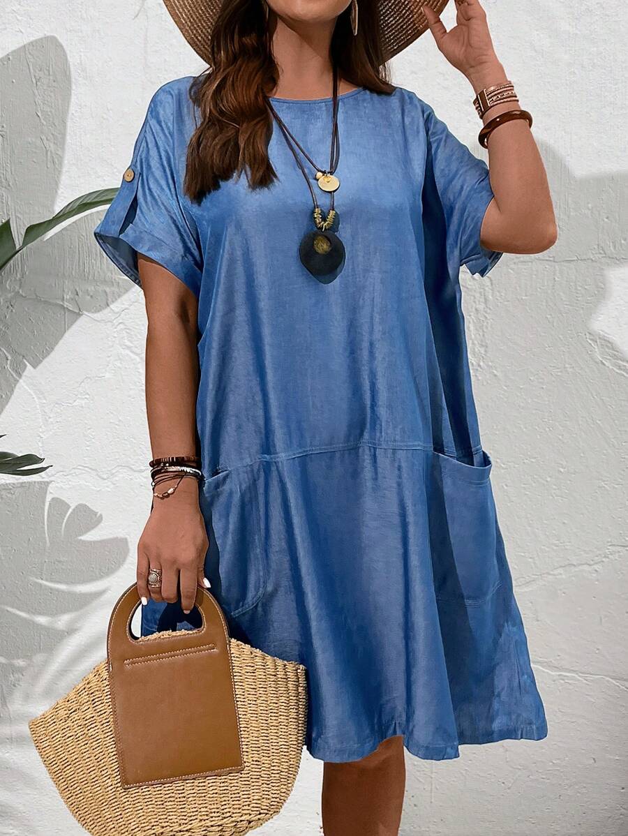 EMERY ROSE Plus Size Solid Color Batwing Sleeve Summer Dress With Pockets For Women For Teacher Clothes - Blue - View 1