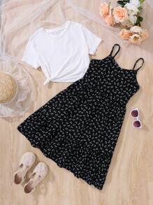 Emery Rose Kids Emery Rose Kids 青少女休閒針織短袖上衣和花朵背心裙套裝，適用於外出、春夏季 - 黑與白 - 查看 4