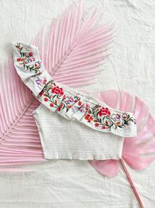 SHEIN Dreamara Vacation Retro Embroidery Asymmetrical Neck Top With Ruffle Trim