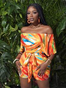 Slaydiva Printed Asymmetrical Neckline Belted Playsuit, Spring Summer - Orange - View 5