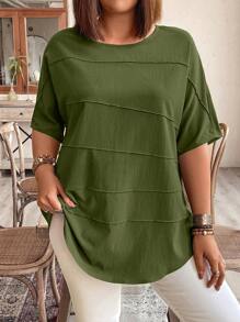 Plus Size Vacation/Casual Solid Color Batwing Sleeve Shirt - Olive Green - View 5