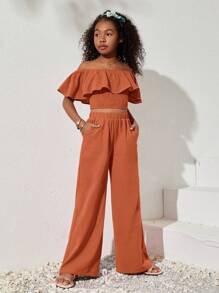 SHEIN Tween Girl Casual Spring/Summer Woven Solid Color Off Shoulder Top And Loose Pants Set