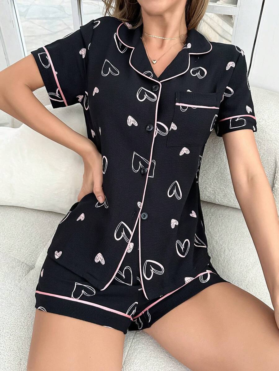 對比色邊緣泡泡紋印花睡衣套裝，配襯領和前開口 - 黑色 - 查看 1