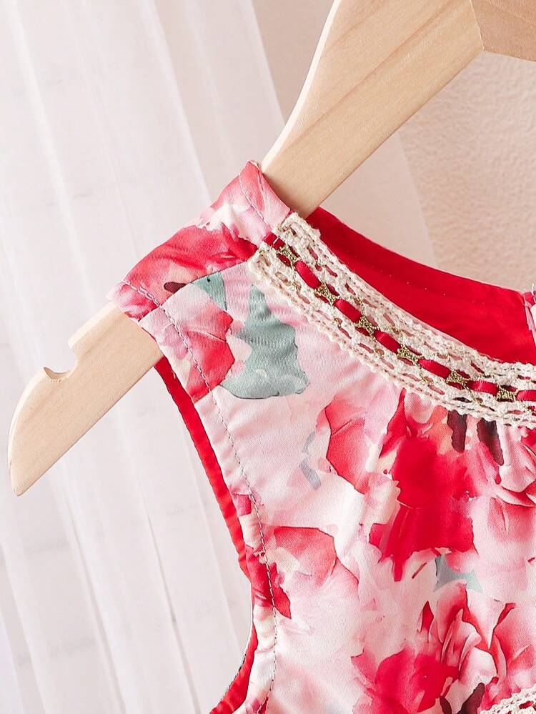 Young Girl Summer Floral Sleeveless Top + Allover Print Skirt Set, Casual Beach Vacation Outfits