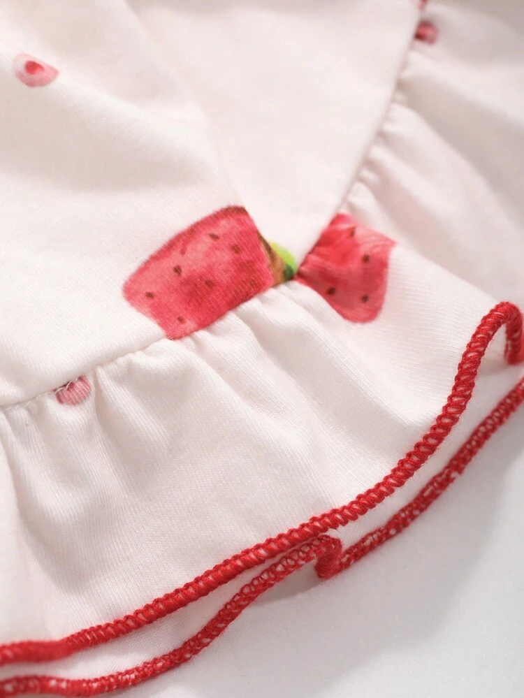 Cute Strawberry Printed Sleeping Dress With Layered Ruffle Hem And Contrast Stitching Pajama