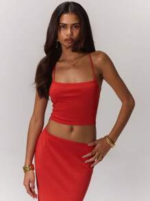 MUSERA Áo croptop dệt kim hở lưng màu trơn dành cho nữ, thích hợp mặc đi biển mùa xuân hè. - Đỏ - Xem 3