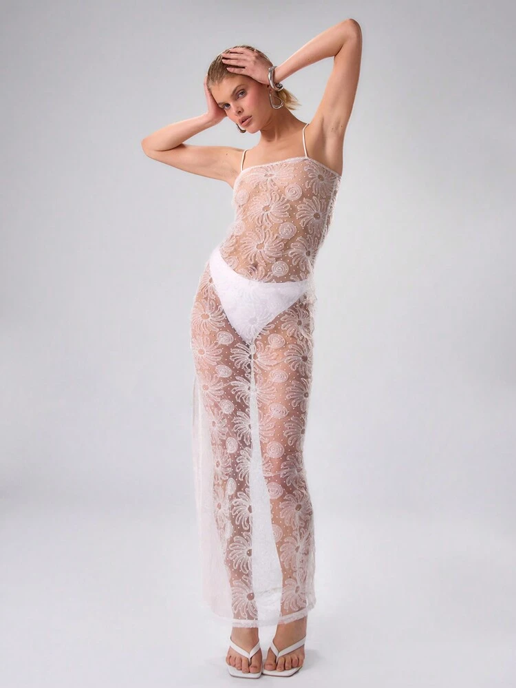 Sheer Floral Strappy Cami Maxi Dress Sexy Spring Summer Going Out Long Dress Elegant Bridal Hen Do Bachelorette Wedding