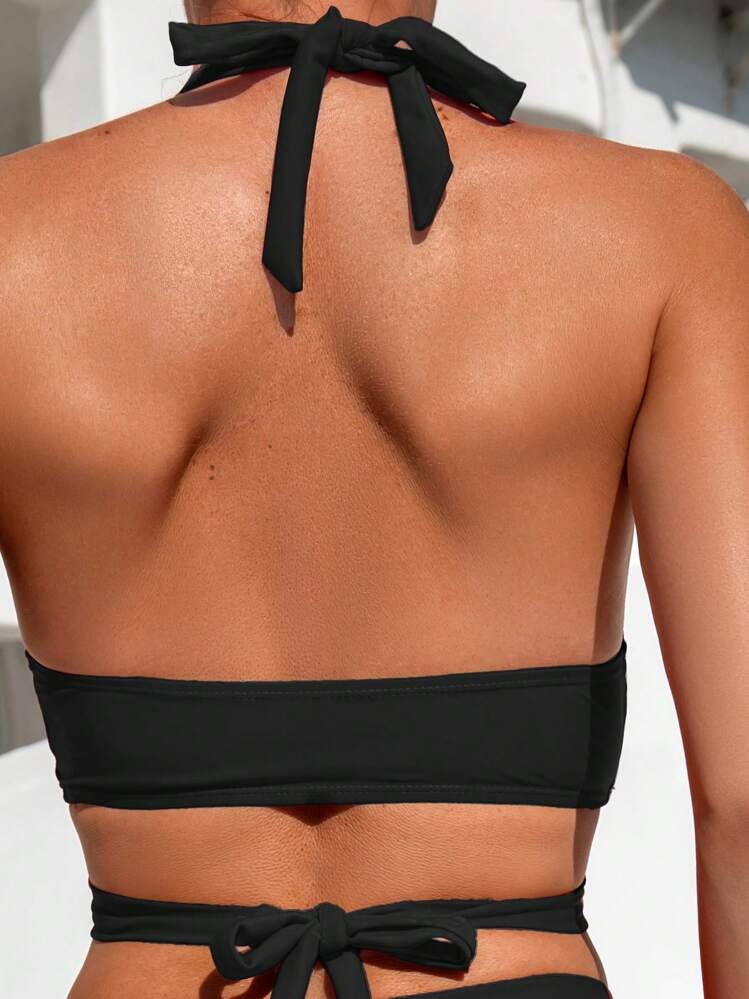 Swim Vcay Women's Solid Color Crossed Neck Strap Sexy Bikini Set, Summer Beach Two-Piece Swimwear Outfit - Black - View 5