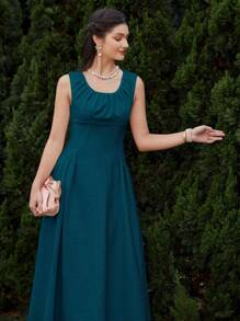 Modelyn Women's Summer Solid Color Sleeveless A-Line Midi Dress With Pleated Detail And Cinched Waist Long Evening Dresses - Teal Blue - View 8