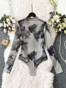 SHEIN Essnce Women's Fashion Printed Mesh Long Sleeve Bodysuit - Grey - View 2