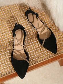 Giày bệt hở mũi đính đá Rhinestone khóa kép nhung đen, thời trang và thanh lịch dành cho nữ, thích hợp cho mùa xuân/hè, tiệc tùng, khiêu vũ, dép xăng đan đế bằng mũi kín, giày bệt mùa hè đính đá Rhinestone vàng, giày chống trượt thoải mái - màu đen - Xem 4