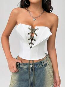 SHEIN Unity Women's Summer Tube Top With Eyelet Tie, Slim Fit Blouse - White - View 6